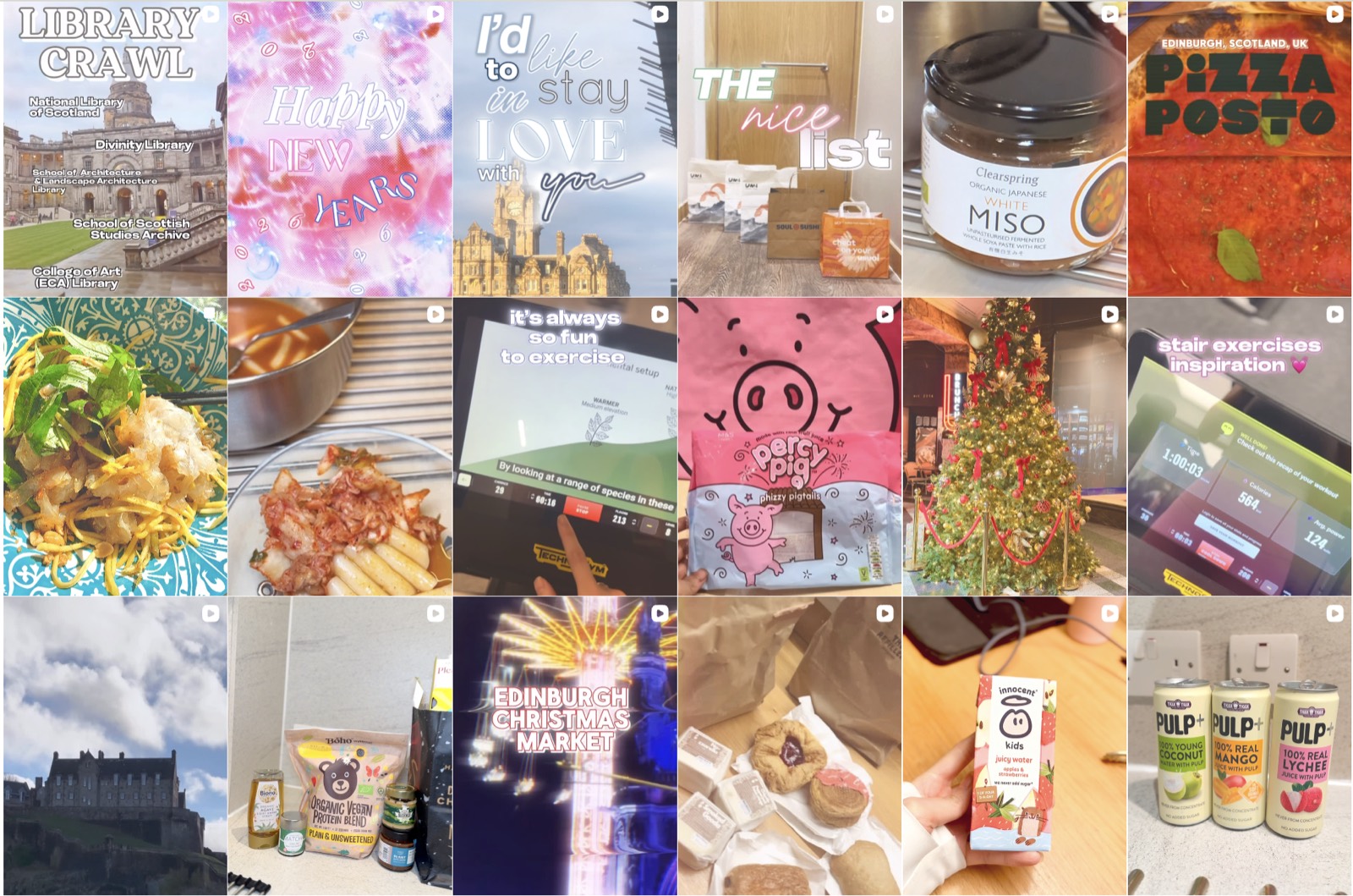Instagram grid — Edinburgh library crawl, Christmas market, kimchi, pastries and winter light