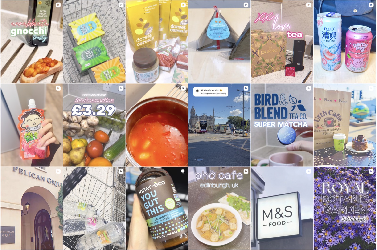 Instagram grid — Edinburgh finds: M&S hauls, phở cafe, matcha and the Royal Botanic Garden
