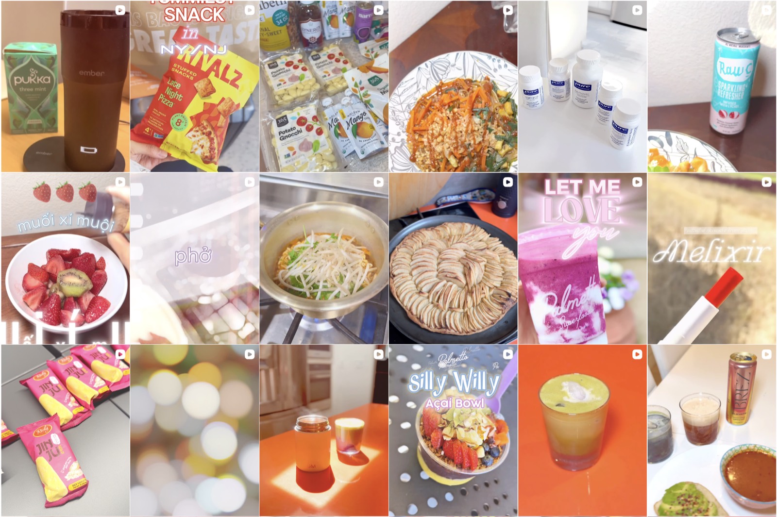 Instagram grid — apple tart, phở, smoothies, snacks and gentle pantry staples