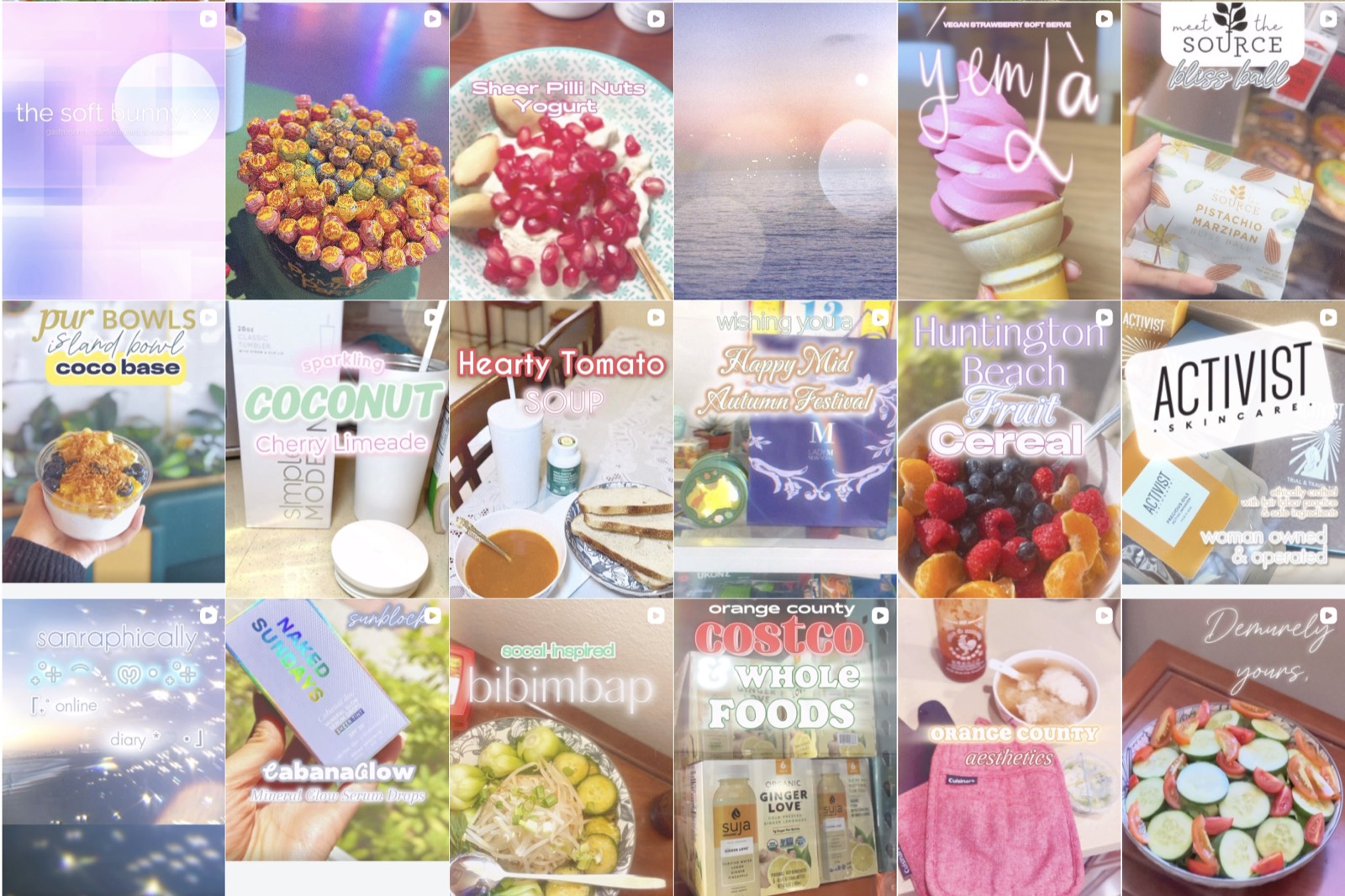 Instagram grid — pastel soft bunny cover, vegan soft serve, açaí bowls and Orange County finds