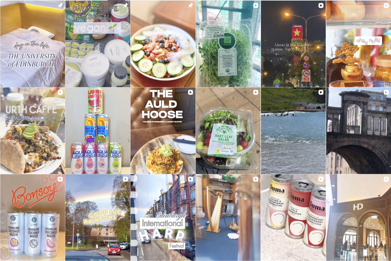 Instagram grid — pinned day-in-the-life posts, vegan bowls, Saigon nights and Edinburgh streets
