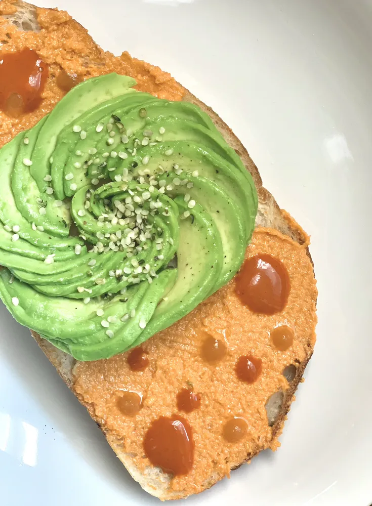 avocado rose toast, up close