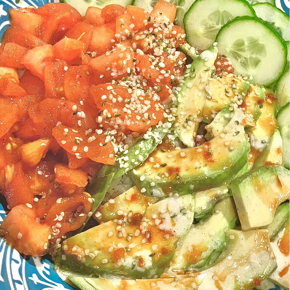 tomato, avocado and cucumber with sesame dressing